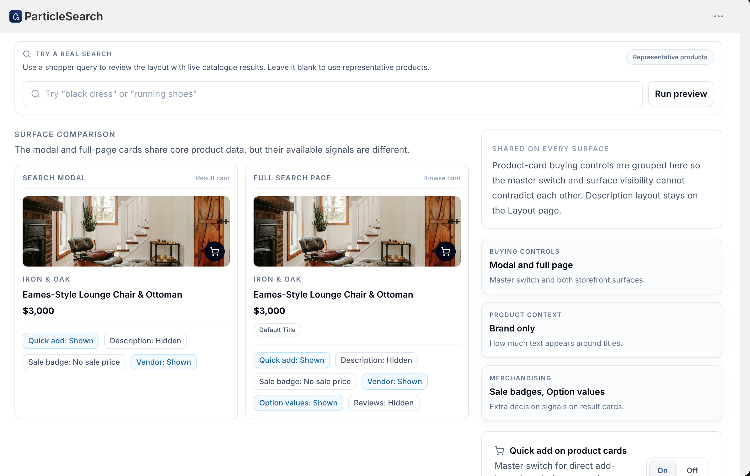 ParticleSearch product-card settings comparing search modal and full search page cards, with quick add, descriptions, vendor, sale badges, and option values